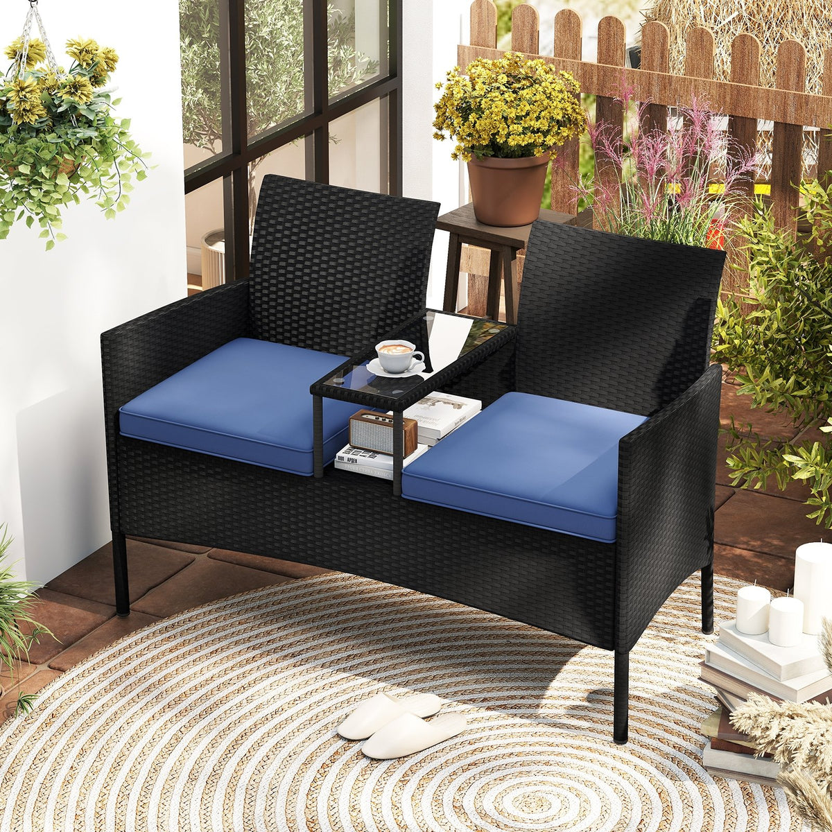 Patio Loveseat with Built-in Table for Backyard Porch-Navy view 2
