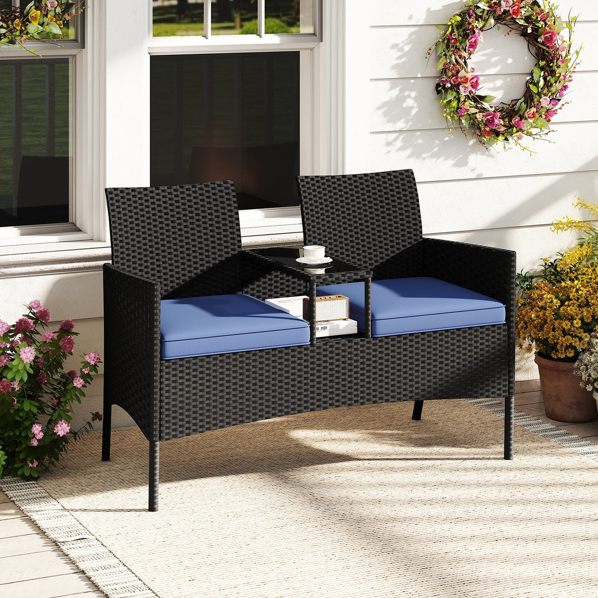 Patio Loveseat with Built-in Table for Backyard Porch-Navy view 3