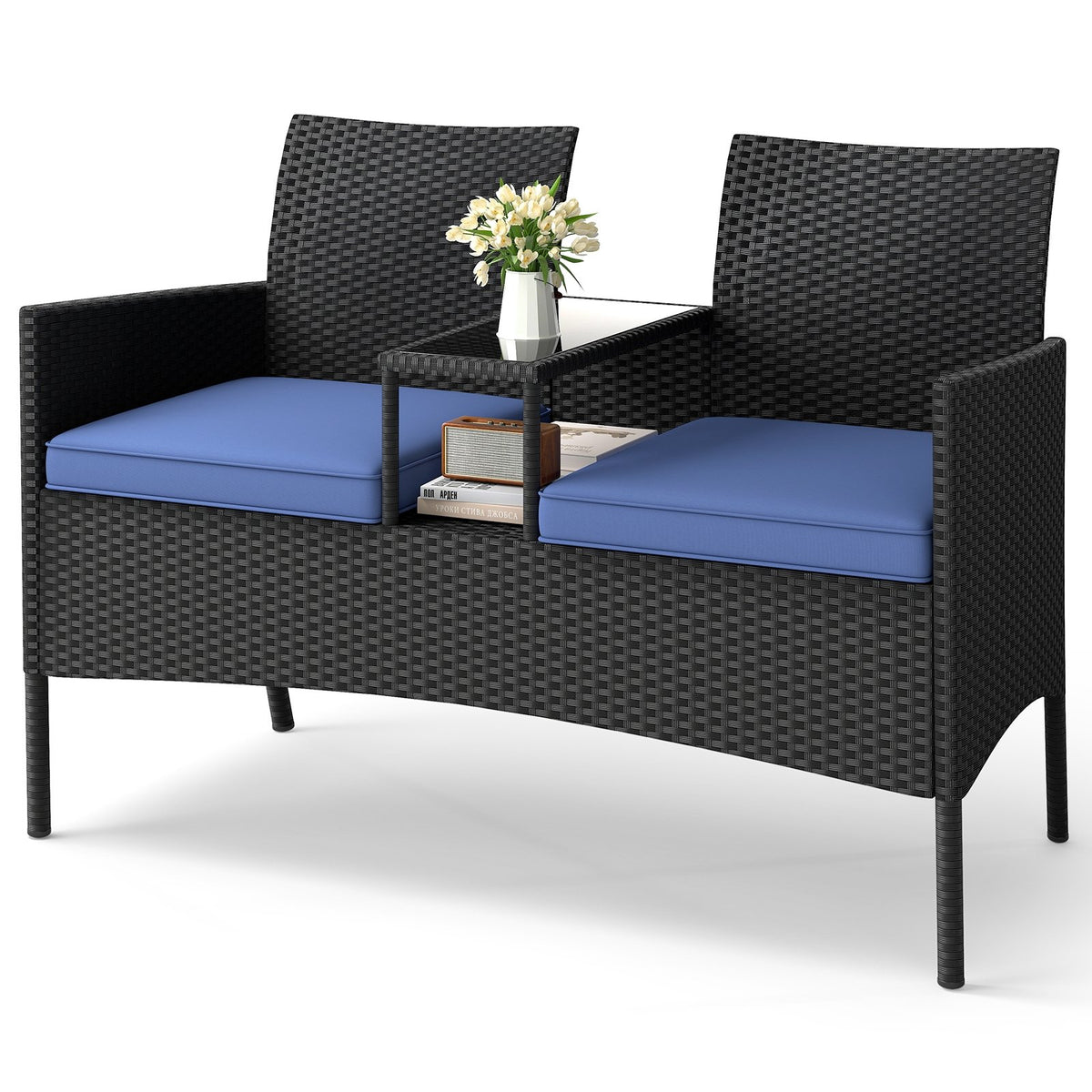 Patio Loveseat with Built-in Table for Backyard Porch-Navy view 4