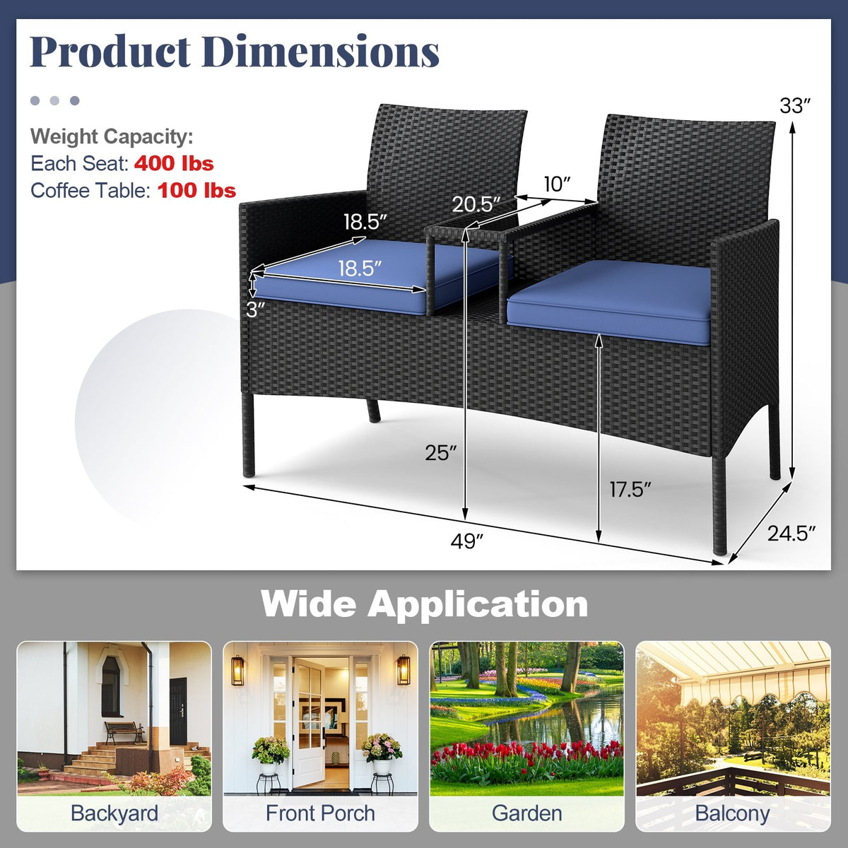 Patio Loveseat with Built-in Table for Backyard Porch-Navy view 5
