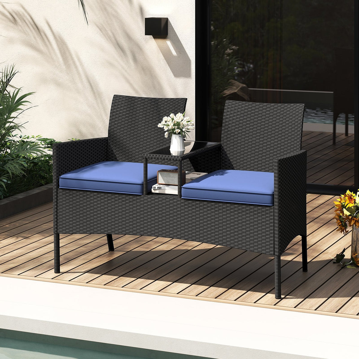 Patio Loveseat with Built-in Table for Backyard Porch-Navy view 6
