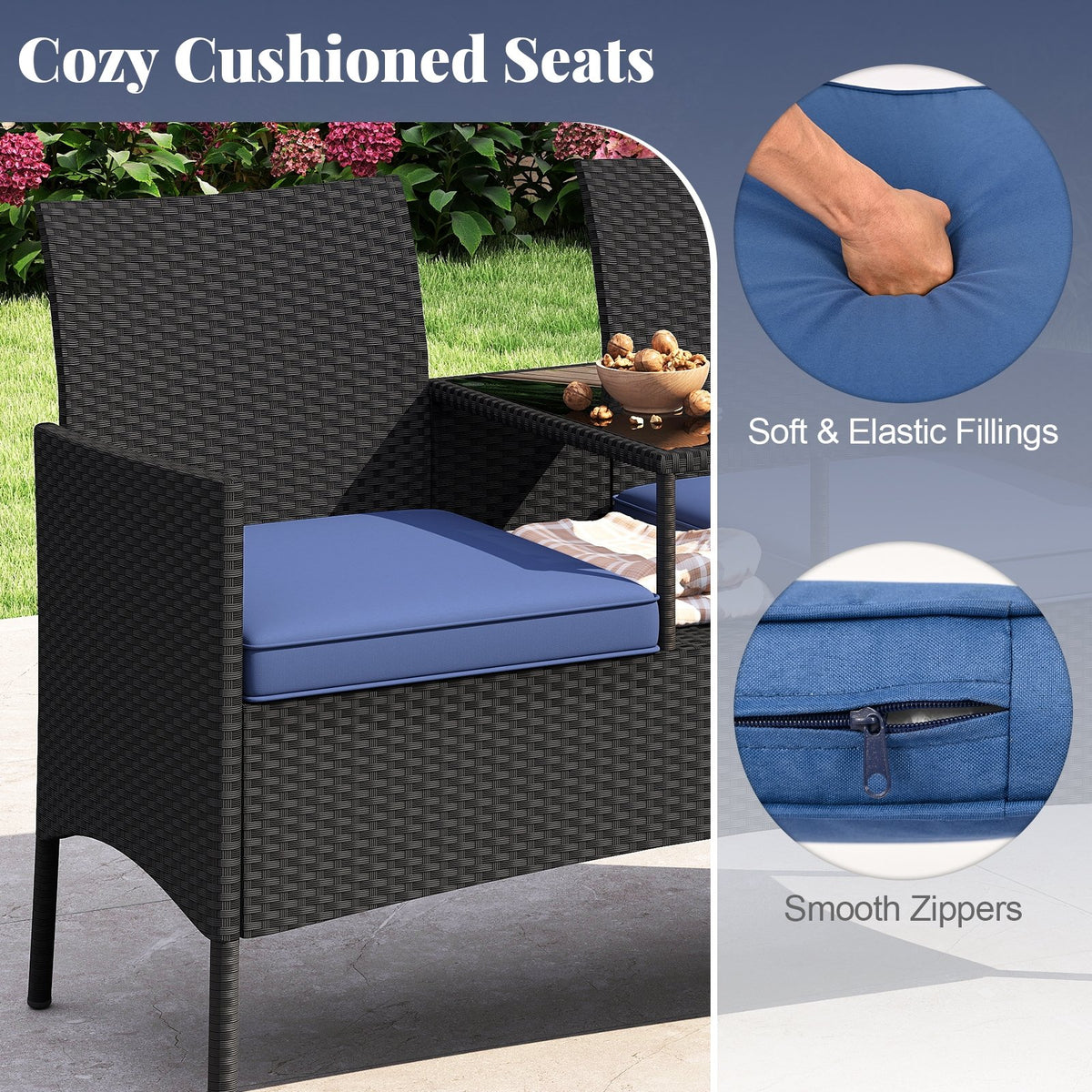 Patio Loveseat with Built-in Table for Backyard Porch-Navy view 8