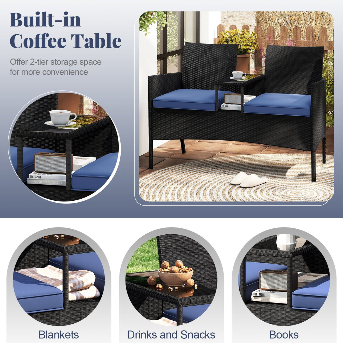 Patio Loveseat with Built-in Table for Backyard Porch-Navy view 9