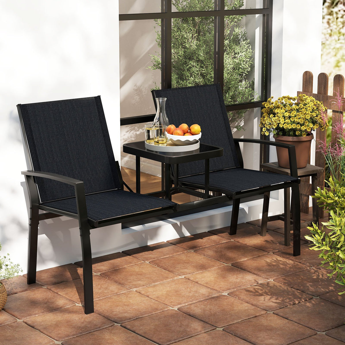 Patio Loveseat with Built-in Table with Breathable Fabric Back-Black view 2
