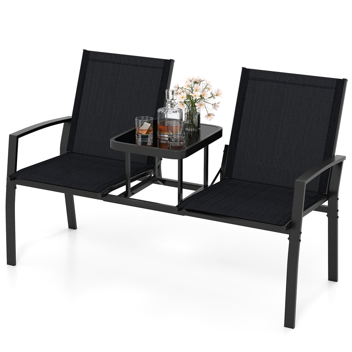 Patio Loveseat with Built-in Table with Breathable Fabric Back-Black view 4