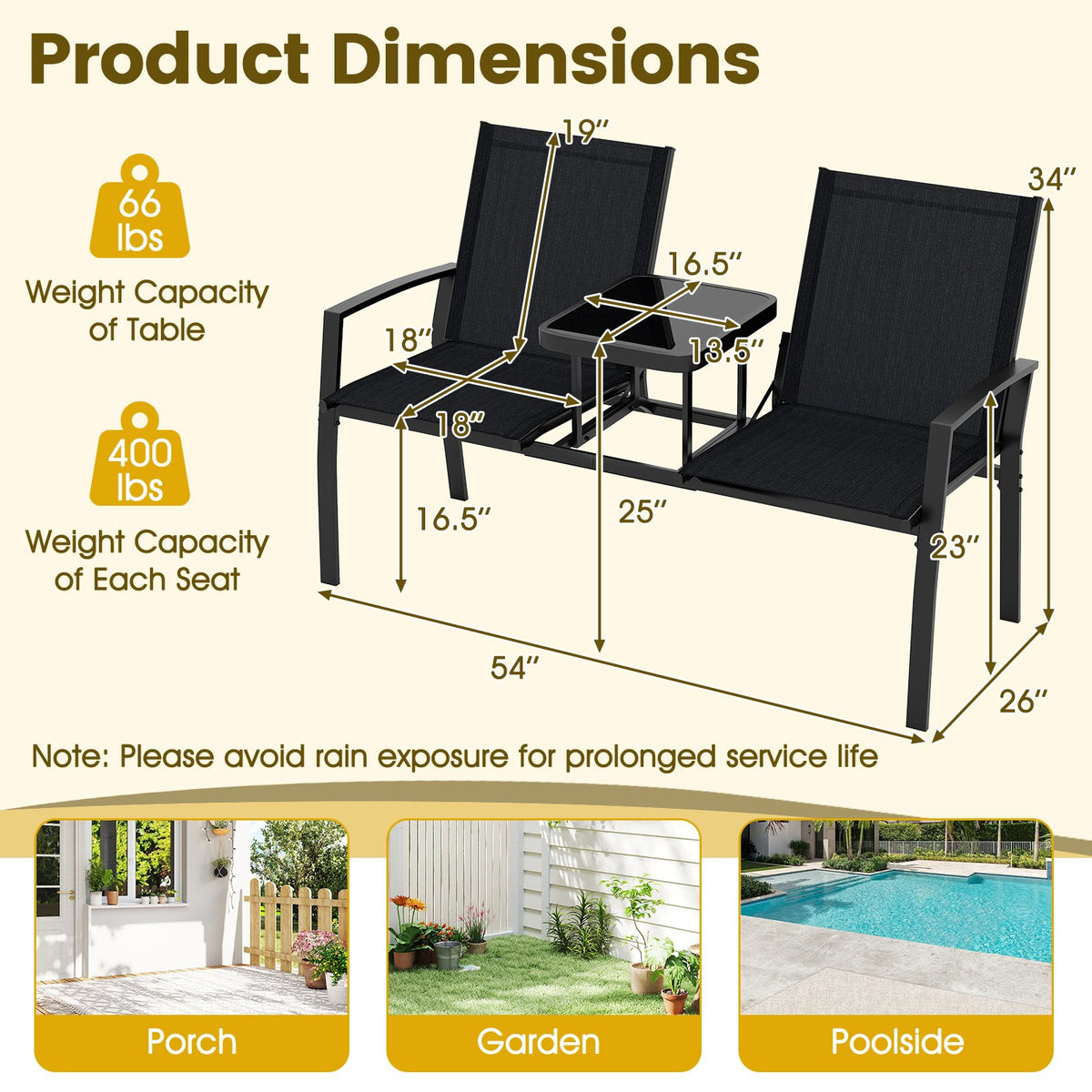 Patio Loveseat with Built-in Table with Breathable Fabric Back-Black view 5