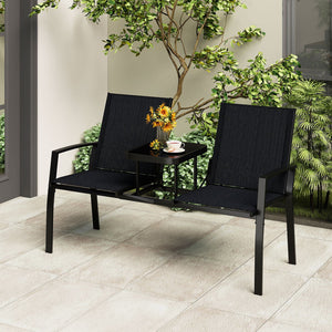 Patio Loveseat with Built-in Table with Breathable Fabric Back-Black view 6