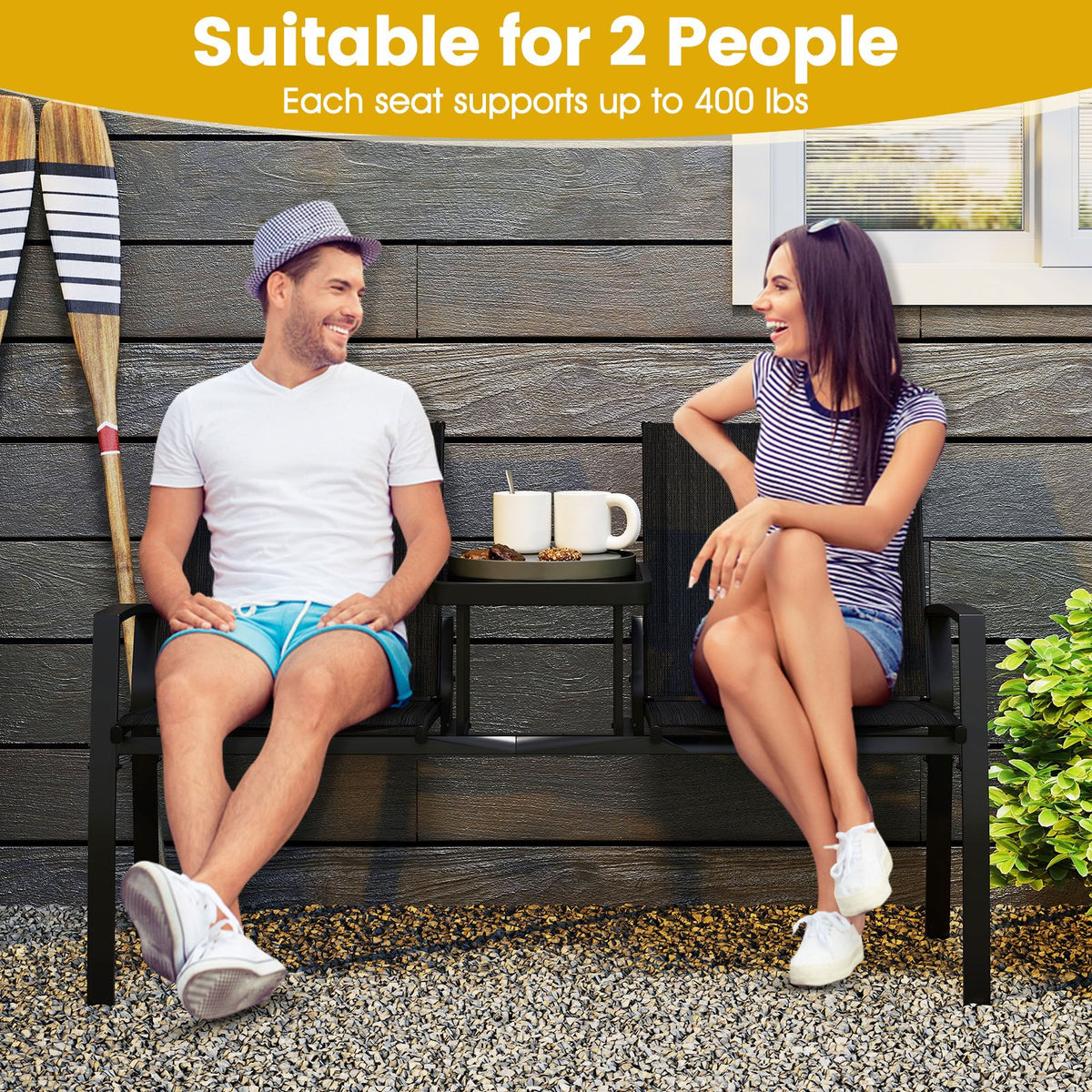 Patio Loveseat with Built-in Table with Breathable Fabric Back-Black view 7
