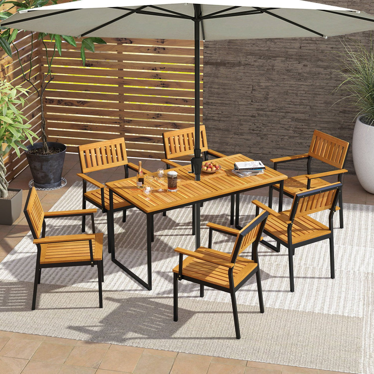 Patio Outdoor Dining Chair Set of 2 with Metal and Acacia Wood Frame view 3