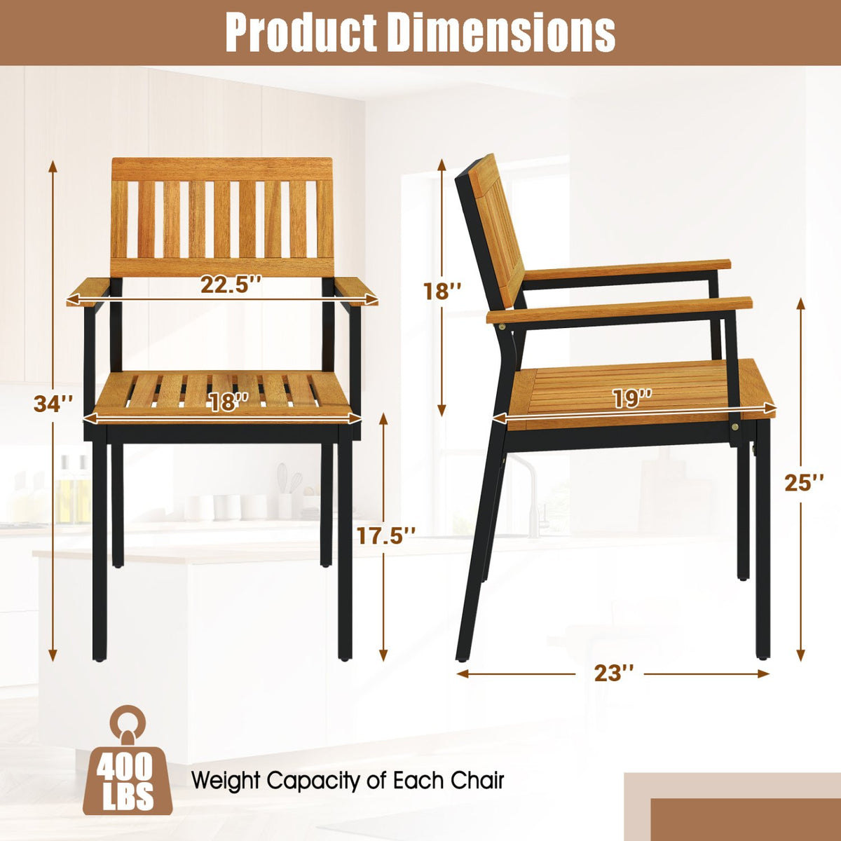 Patio Outdoor Dining Chair Set of 2 with Metal and Acacia Wood Frame view 5