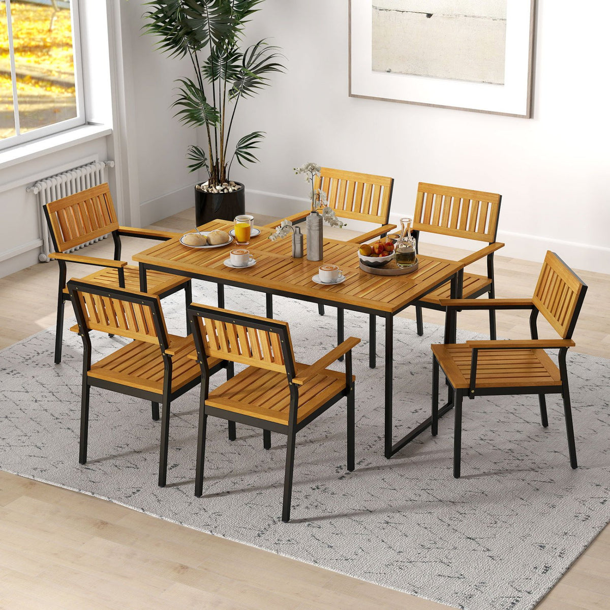 Patio Outdoor Dining Chair Set of 2 with Metal and Acacia Wood Frame view 6