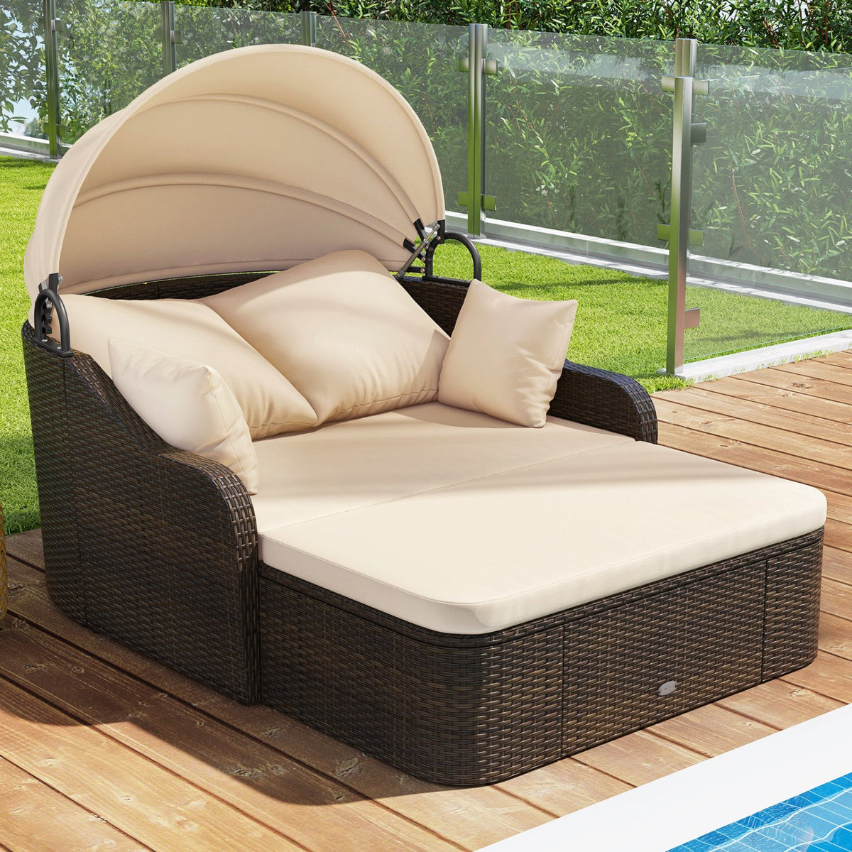 Patio PE Rattan Daybed with Retractable Canopy and Soft Cushions-Beige view 2