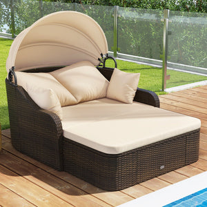 Patio PE Rattan Daybed with Retractable Canopy and Soft Cushions-Beige view 2
