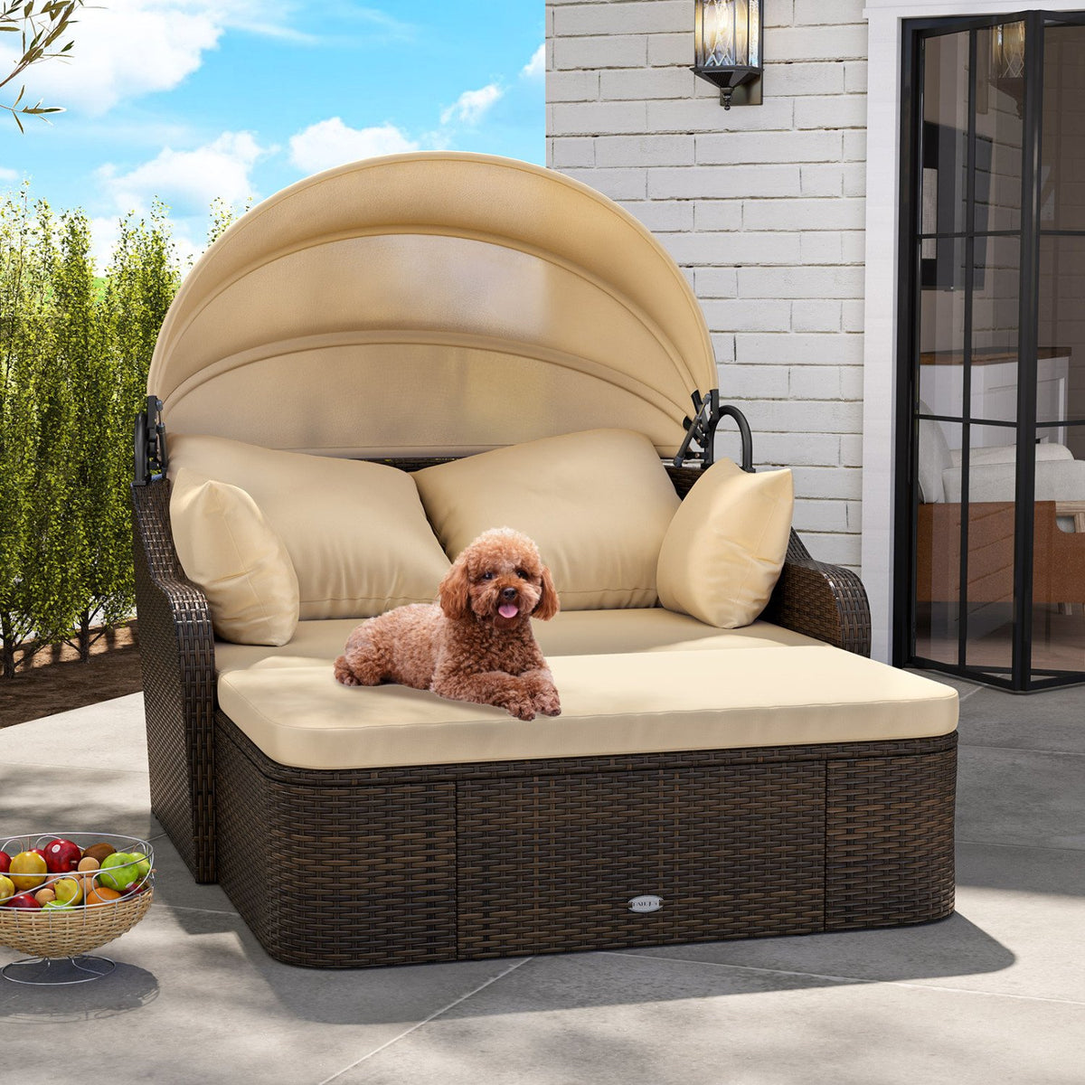 Patio PE Rattan Daybed with Retractable Canopy and Soft Cushions-Beige view 3