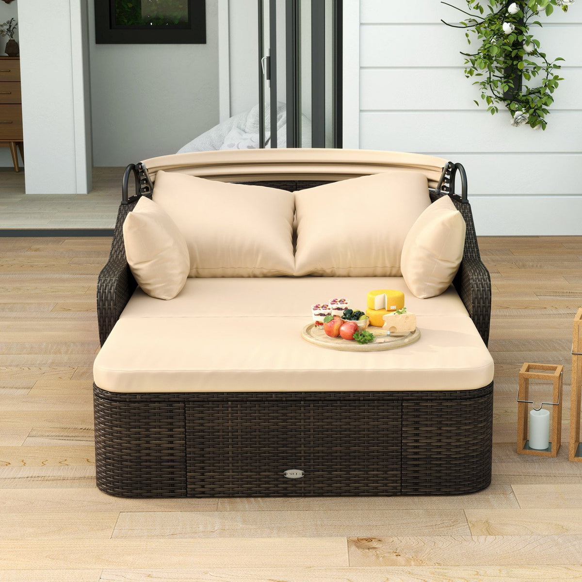Patio PE Rattan Daybed with Retractable Canopy and Soft Cushions-Beige view 6