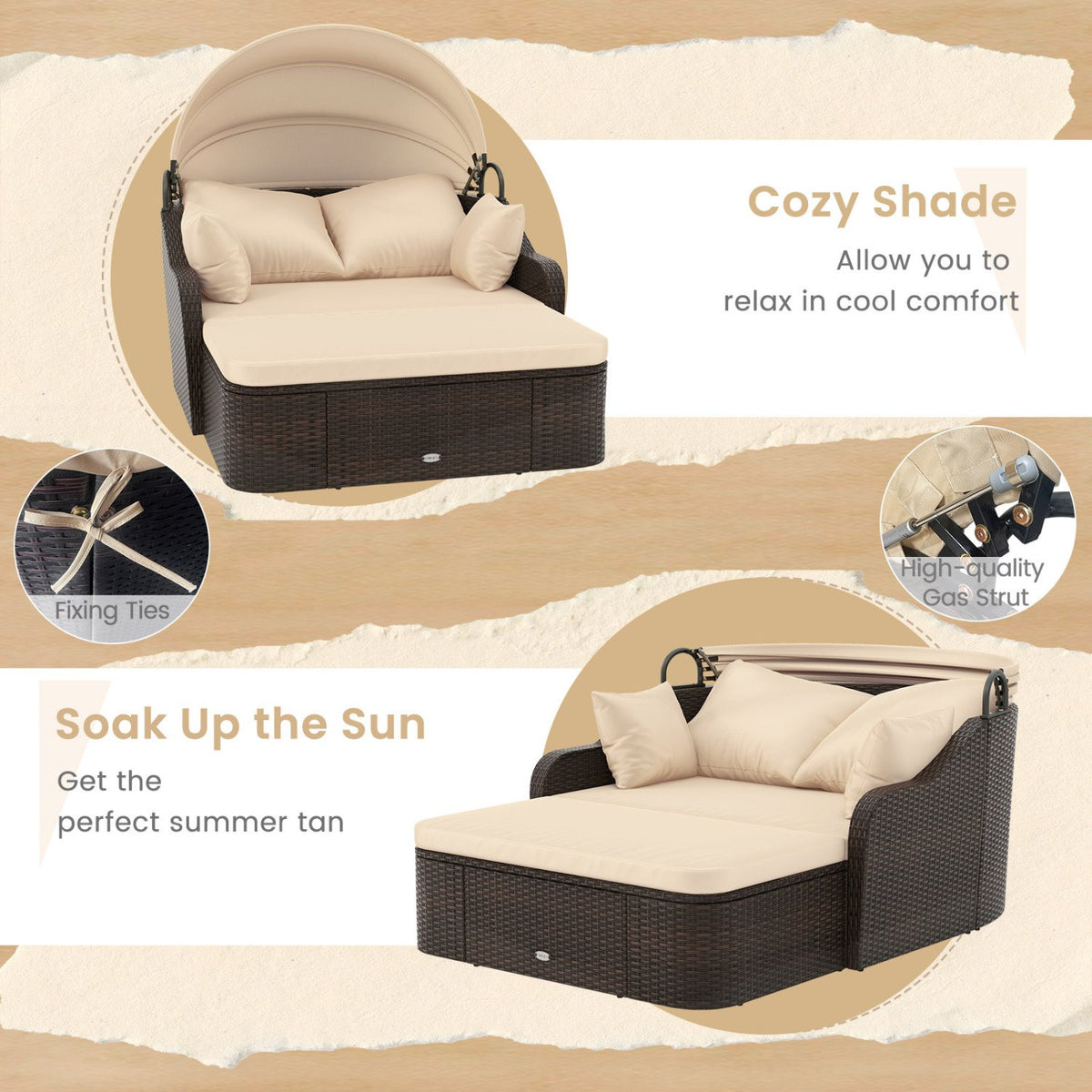 Patio PE Rattan Daybed with Retractable Canopy and Soft Cushions-Beige view 8