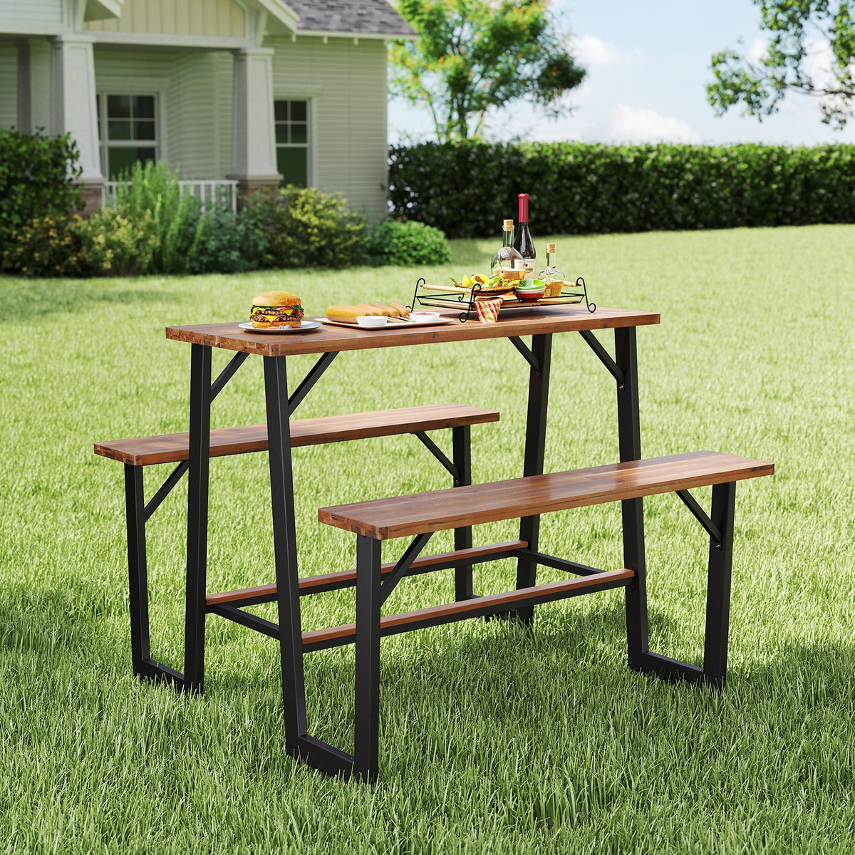 Patio Picnic Table Bench Set with Acacia Wood Tabletop and Benchtop view 2