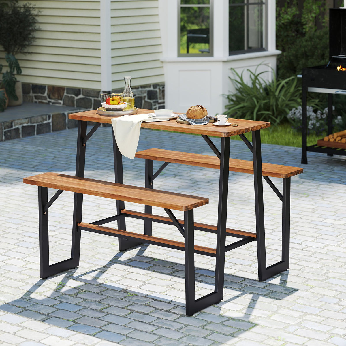 Patio Picnic Table Bench Set with Acacia Wood Tabletop and Benchtop view 3