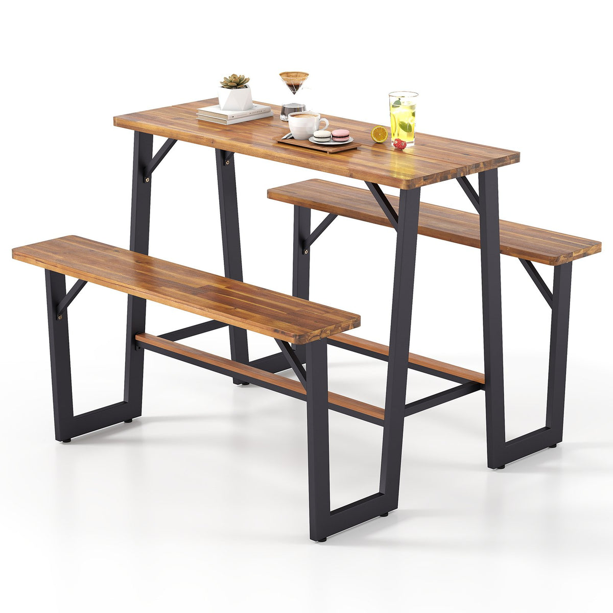 Patio Picnic Table Bench Set with Acacia Wood Tabletop and Benchtop view 4