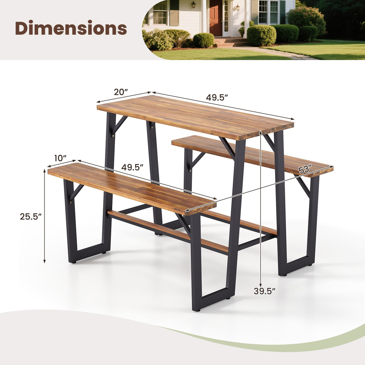 Patio Picnic Table Bench Set with Acacia Wood Tabletop and Benchtop view 5