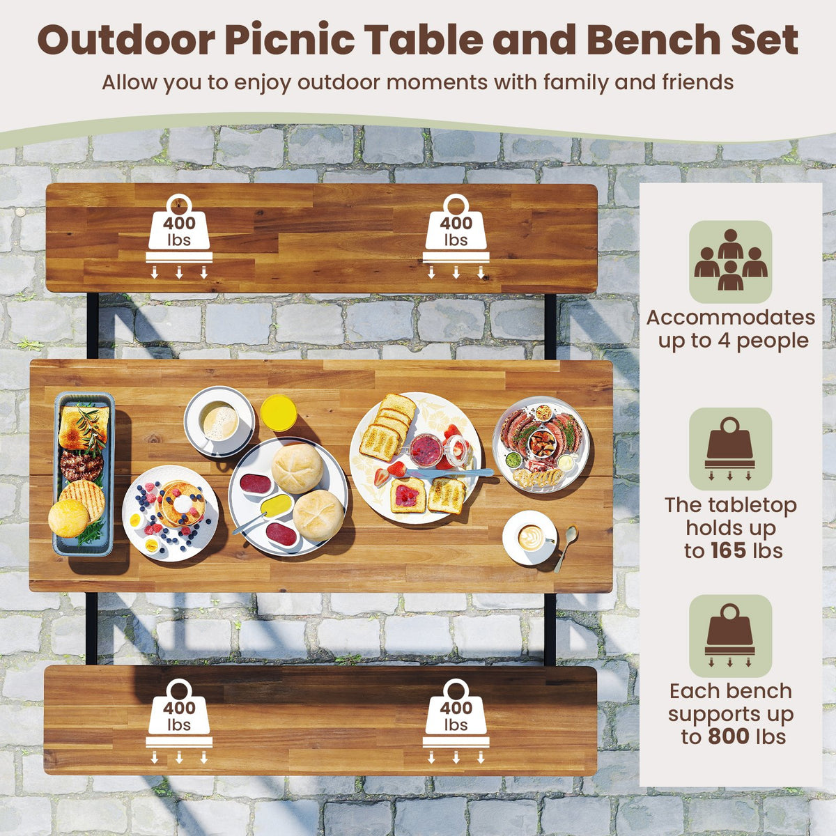 Patio Picnic Table Bench Set with Acacia Wood Tabletop and Benchtop view 9