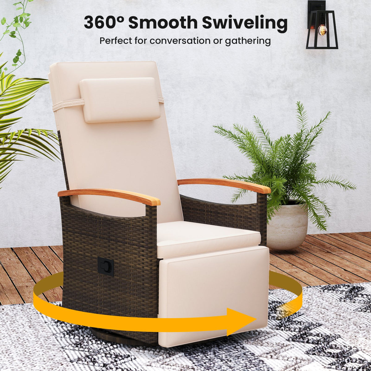 Patio Rattan 360° Swivel Recliner Chair with Adjustable Backrest and Footrest-Beige view 7