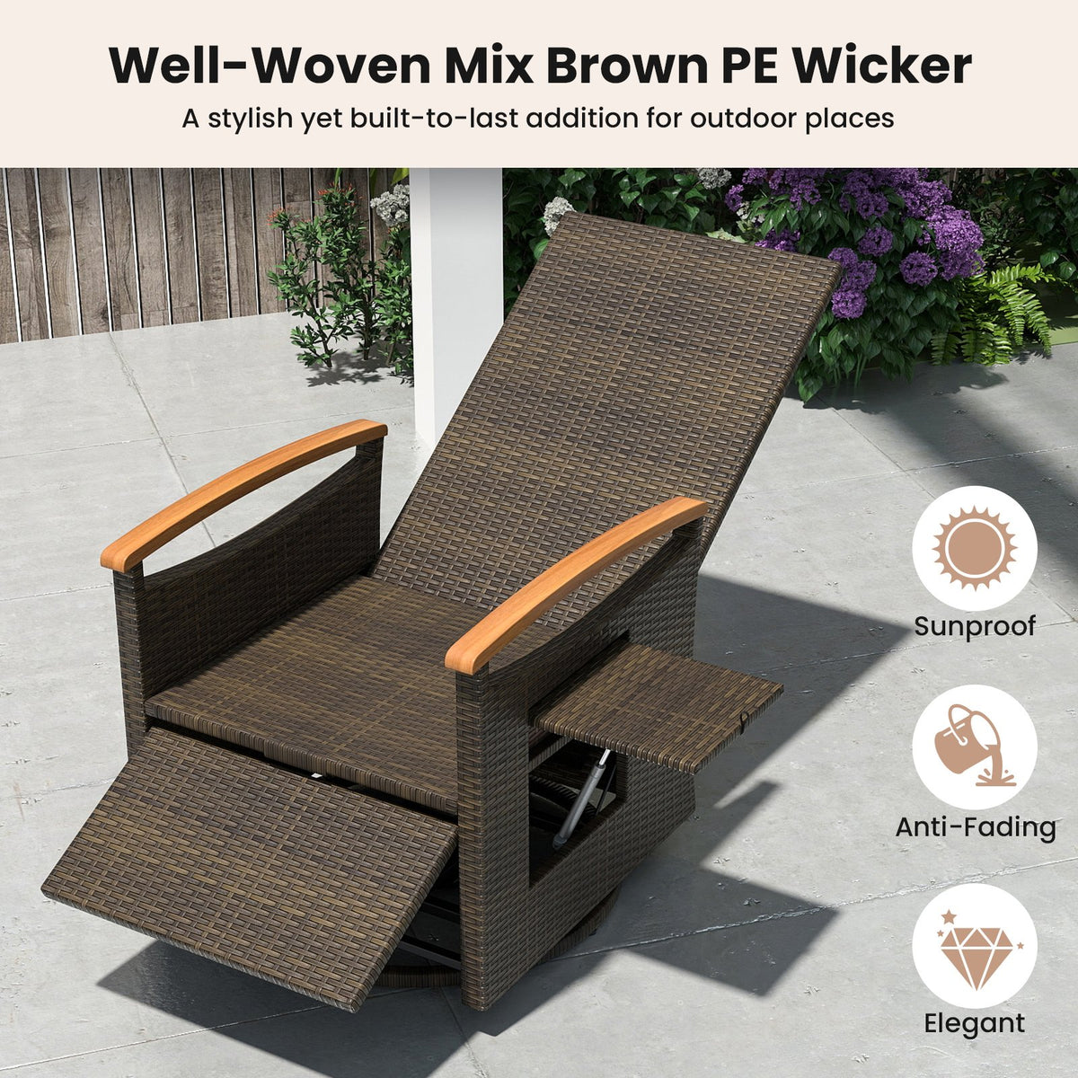 Patio Rattan 360° Swivel Recliner Chair with Adjustable Backrest and Footrest-Beige view 8