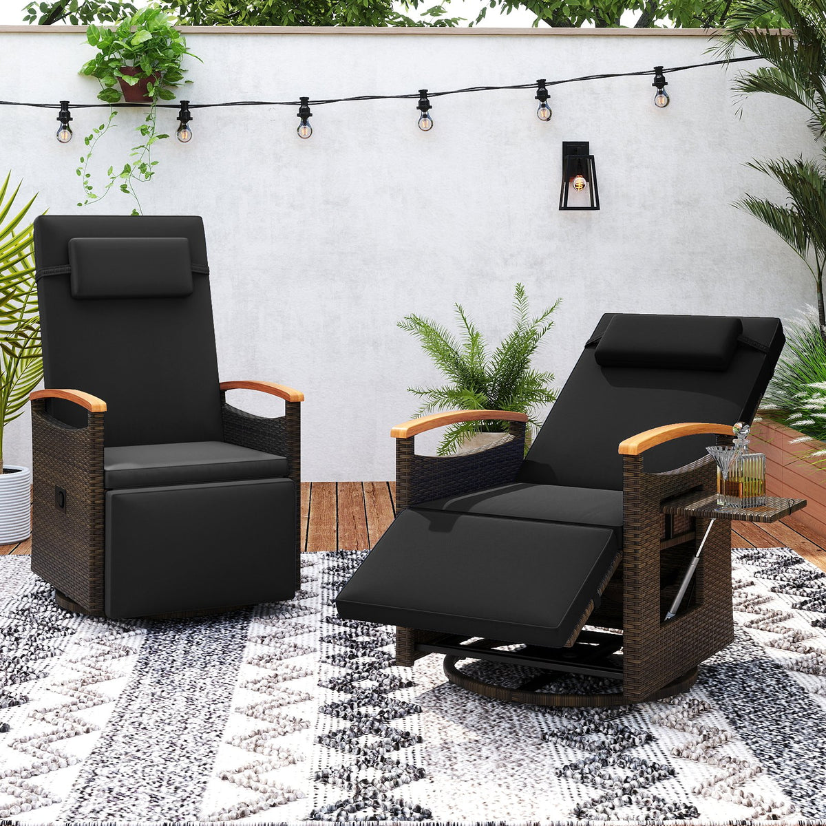 Patio Rattan 360° Swivel Recliner Chair with Adjustable Backrest and Footrest-Black view 2