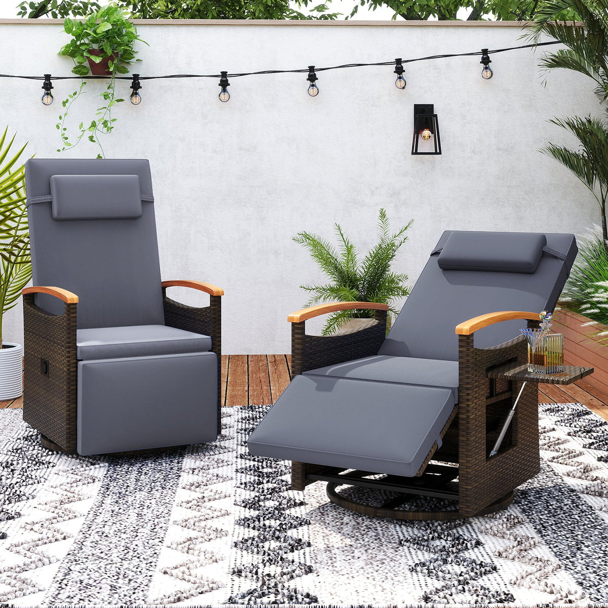 Patio Rattan 360° Swivel Recliner Chair with Adjustable Backrest and Footrest-Gray view 2
