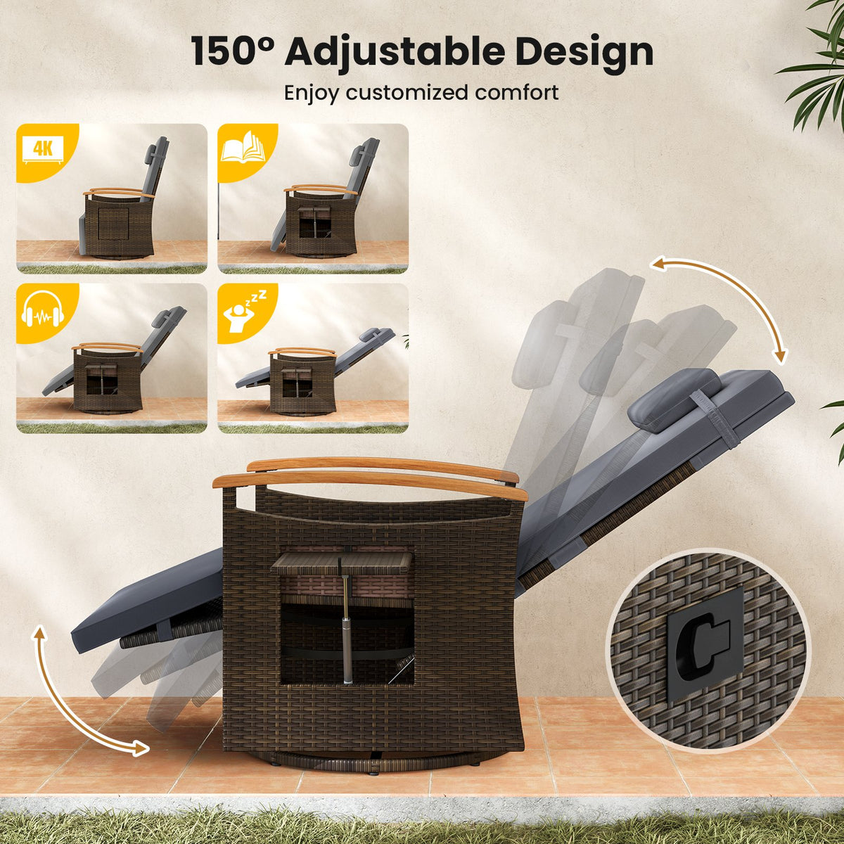 Patio Rattan 360° Swivel Recliner Chair with Adjustable Backrest and Footrest-Gray view 6