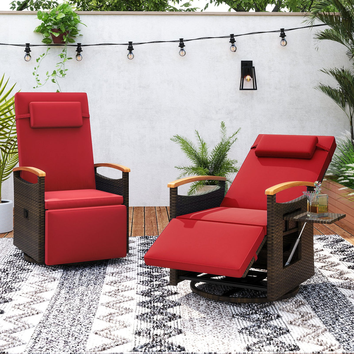 Patio Rattan 360° Swivel Recliner Chair with Adjustable Backrest and Footrest-Red view 2