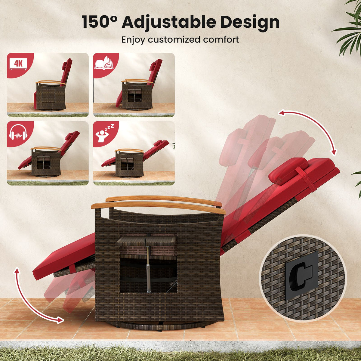 Patio Rattan 360° Swivel Recliner Chair with Adjustable Backrest and Footrest-Red view 6