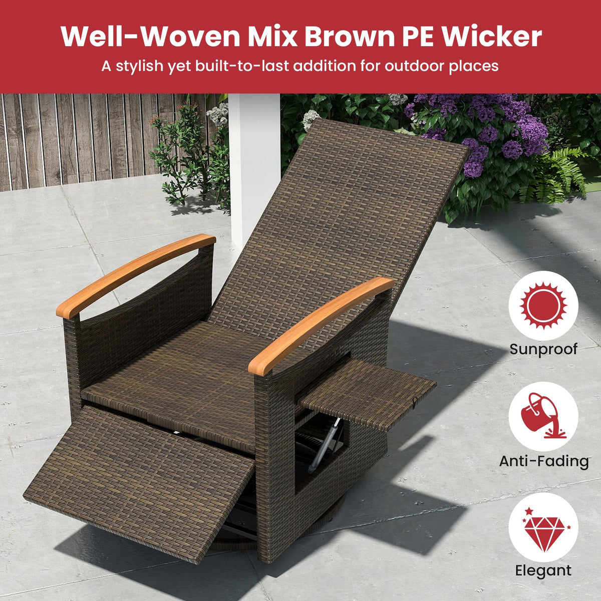 Patio Rattan 360° Swivel Recliner Chair with Adjustable Backrest and Footrest-Red view 8