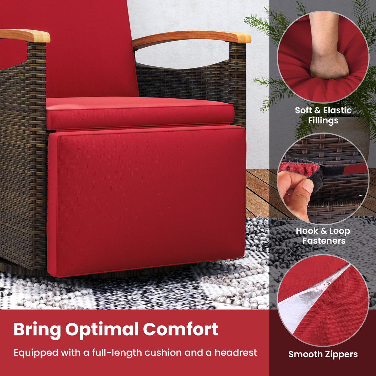 Patio Rattan 360° Swivel Recliner Chair with Adjustable Backrest and Footrest-Red view 9