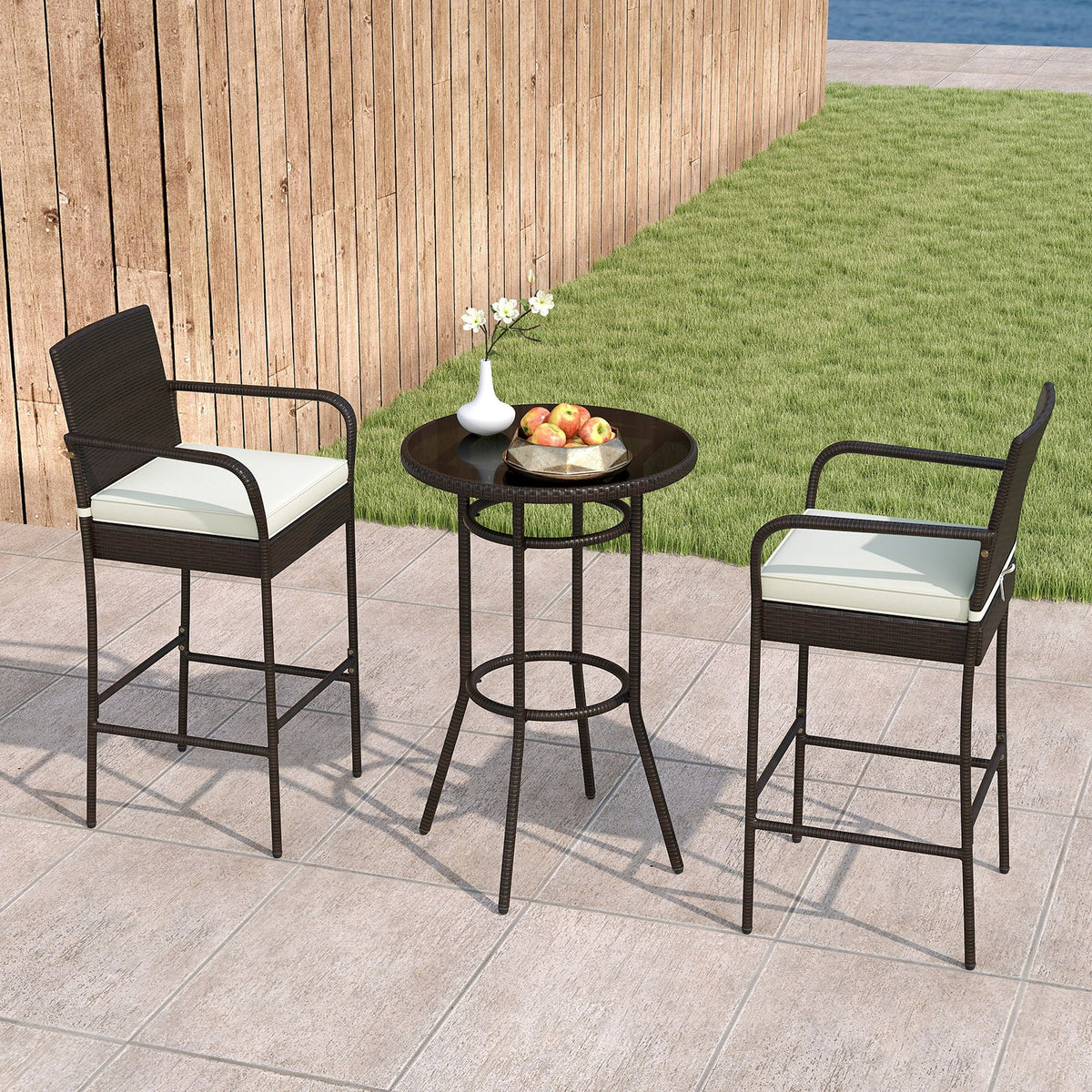 Patio Rattan Bar Height Table and Chairs with 2 Seat Cushions for Porch-White view 2