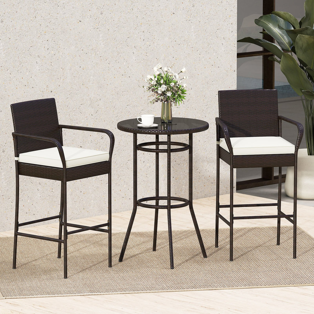 Patio Rattan Bar Height Table and Chairs with 2 Seat Cushions for Porch-White view 3