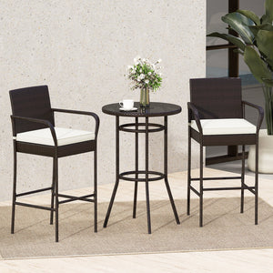 Patio Rattan Bar Height Table and Chairs with 2 Seat Cushions for Porch-White view 3