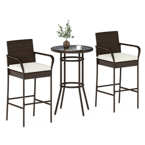 Patio Rattan Bar Height Table and Chairs with 2 Seat Cushions for Porch-White view 4