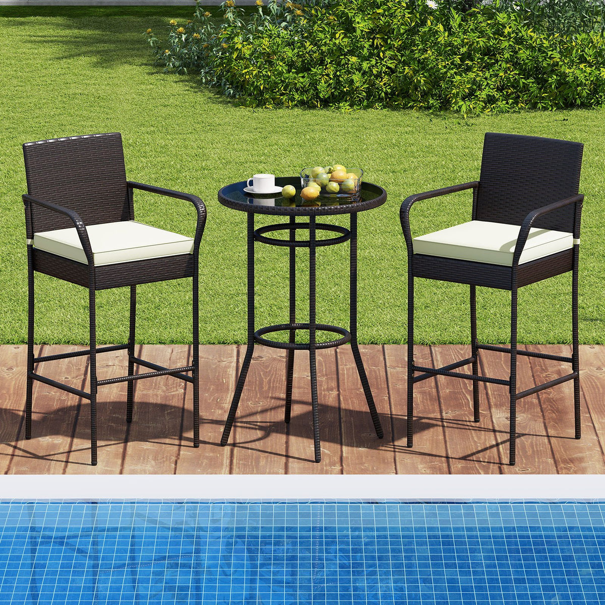Patio Rattan Bar Height Table and Chairs with 2 Seat Cushions for Porch-White view 6