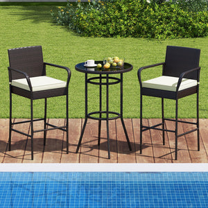 Patio Rattan Bar Height Table and Chairs with 2 Seat Cushions for Porch-White view 6