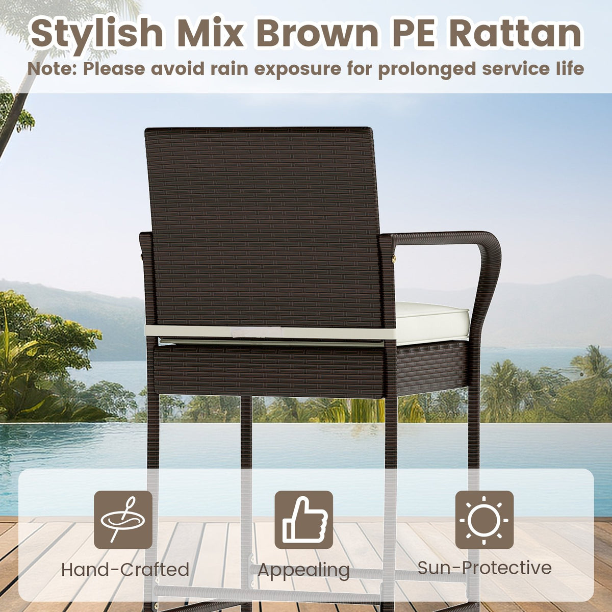Patio Rattan Bar Height Table and Chairs with 2 Seat Cushions for Porch-White view 7