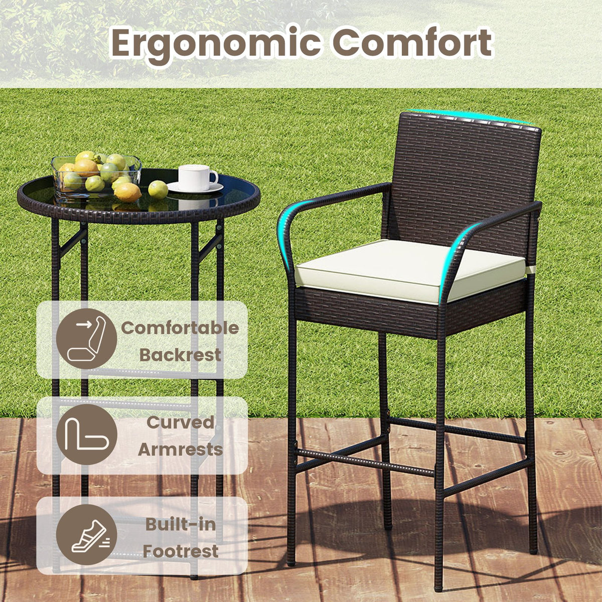 Patio Rattan Bar Height Table and Chairs with 2 Seat Cushions for Porch-White view 8