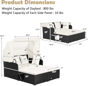Patio Rattan Daybed with Retractable Canopy and Side Tables-Off White view 5