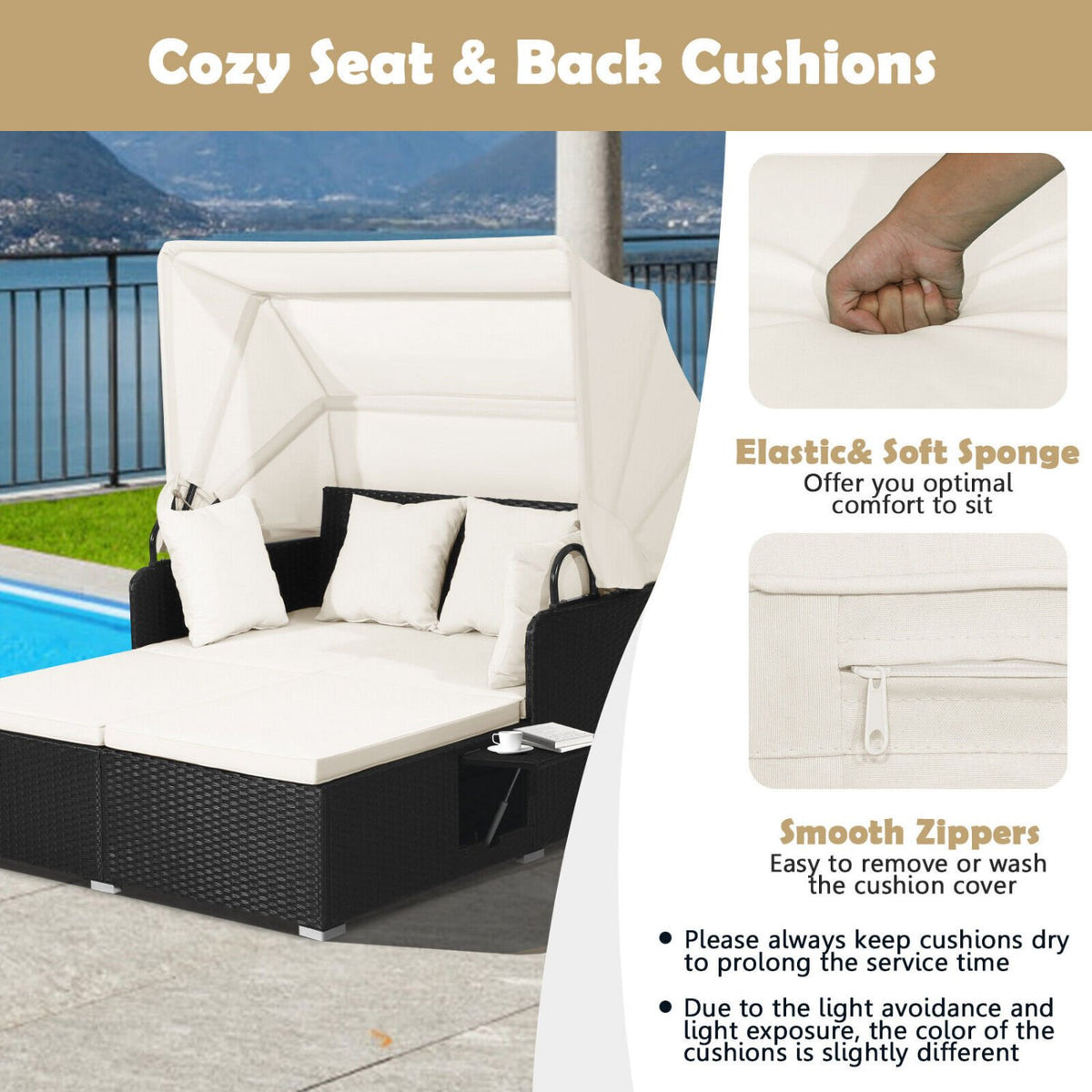 Patio Rattan Daybed with Retractable Canopy and Side Tables-Off White view 6