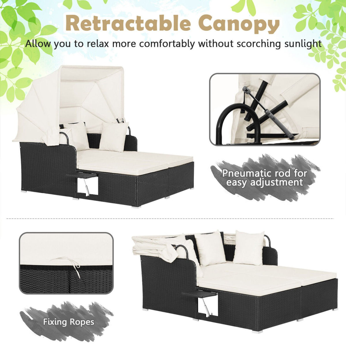 Patio Rattan Daybed with Retractable Canopy and Side Tables-Off White view 7