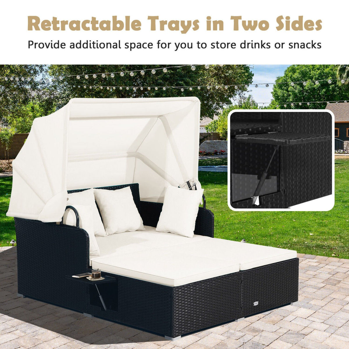 Patio Rattan Daybed with Retractable Canopy and Side Tables-Off White view 8