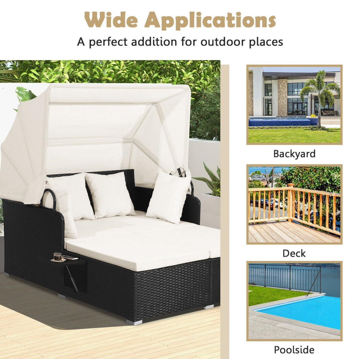 Patio Rattan Daybed with Retractable Canopy and Side Tables-Off White view 9