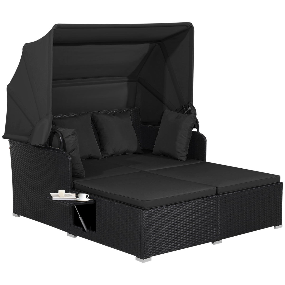 Patio Rattan Daybed with Retractable Canopy and Side Tables-Black