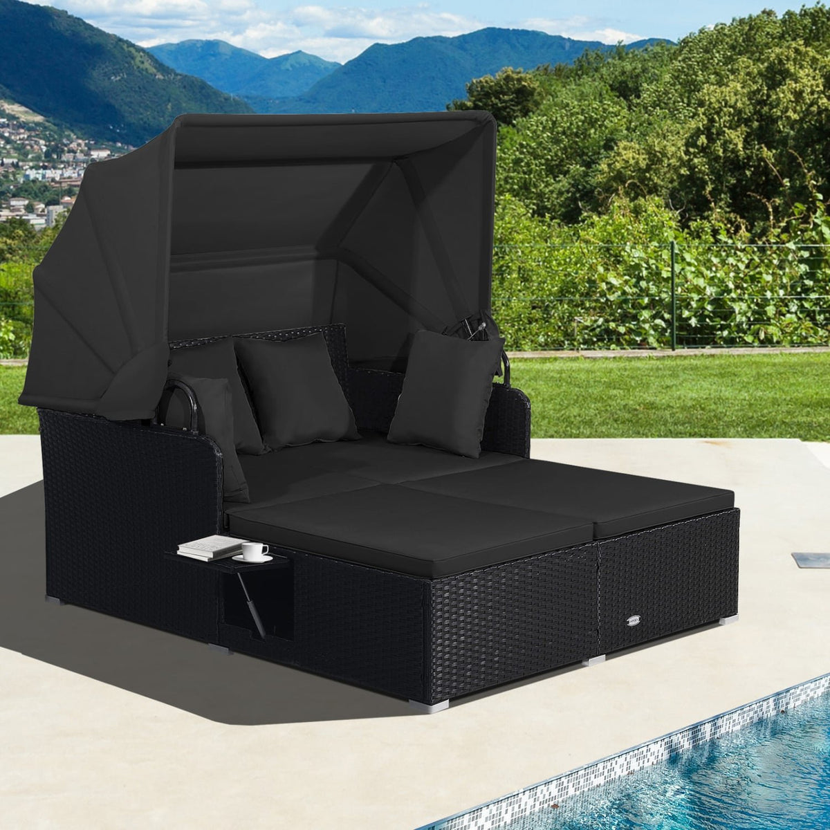 Patio Rattan Daybed with Retractable Canopy and Side Tables-Black view 2