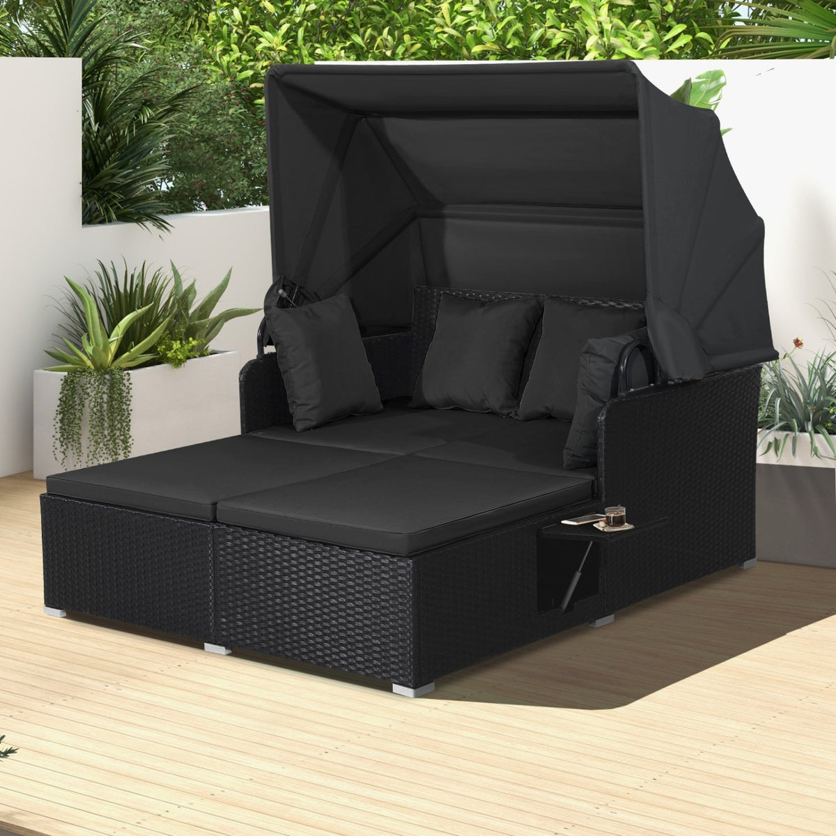 Patio Rattan Daybed with Retractable Canopy and Side Tables-Black view 3